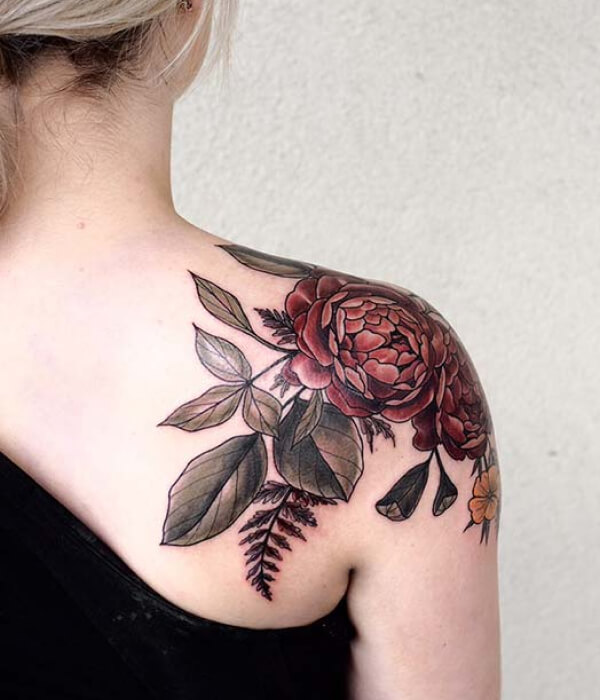 Big rose colorful shoulder tattoo