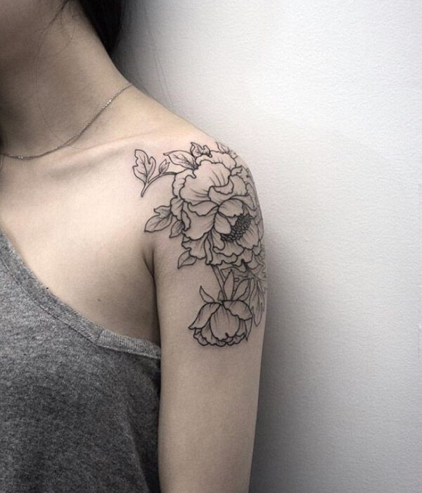 Black Ink Shoulder Flower Tattoo for women