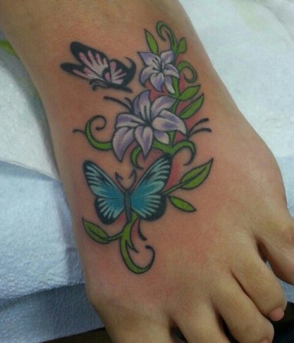 Butterfly With Wild Flower Foot Tattoo