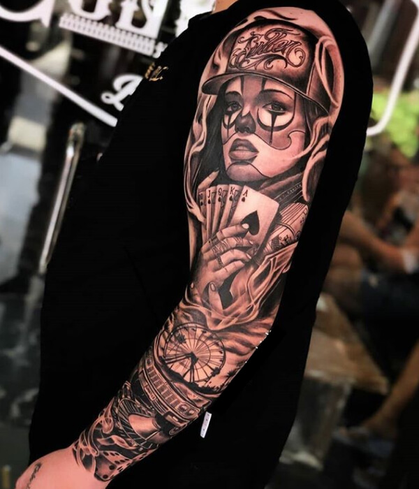Chicano Full Sleeve with card Tattoo