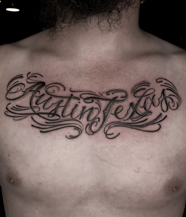 Chicano Script Collarbone Tattoo Design