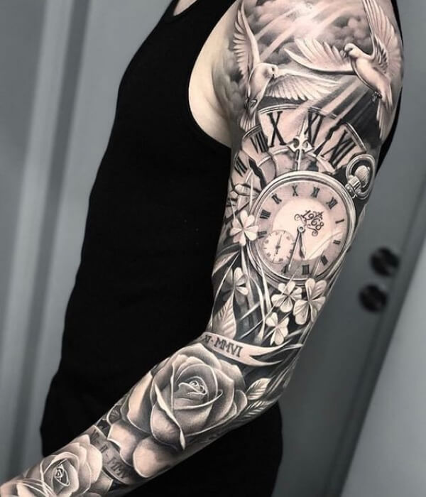 Clock Full Sleeve with flowersTattoo