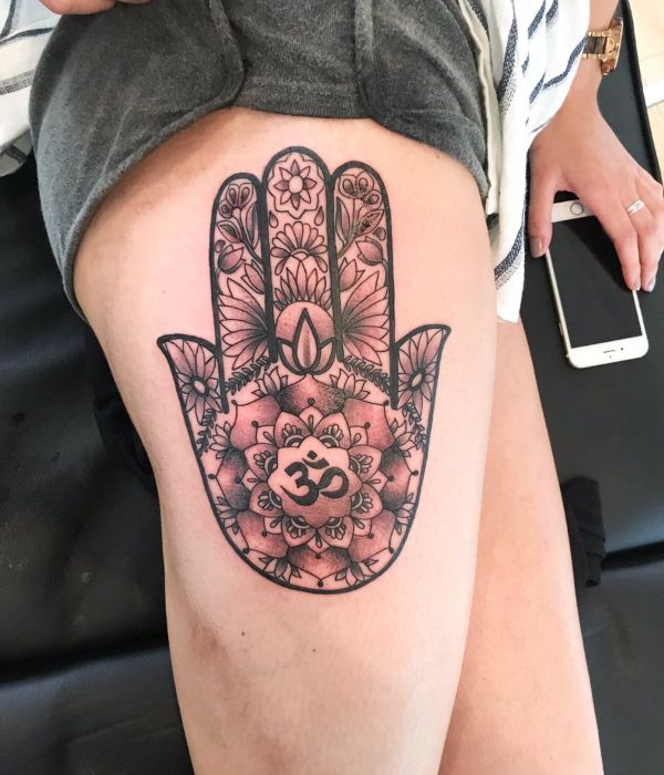 Hamsa Tattoo on the Thigh