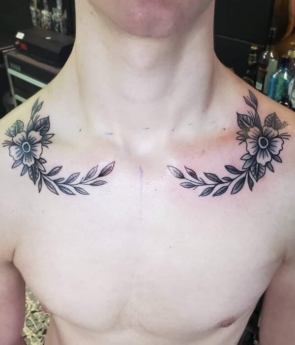 Leaves and Flowers Collarbone Tattoo