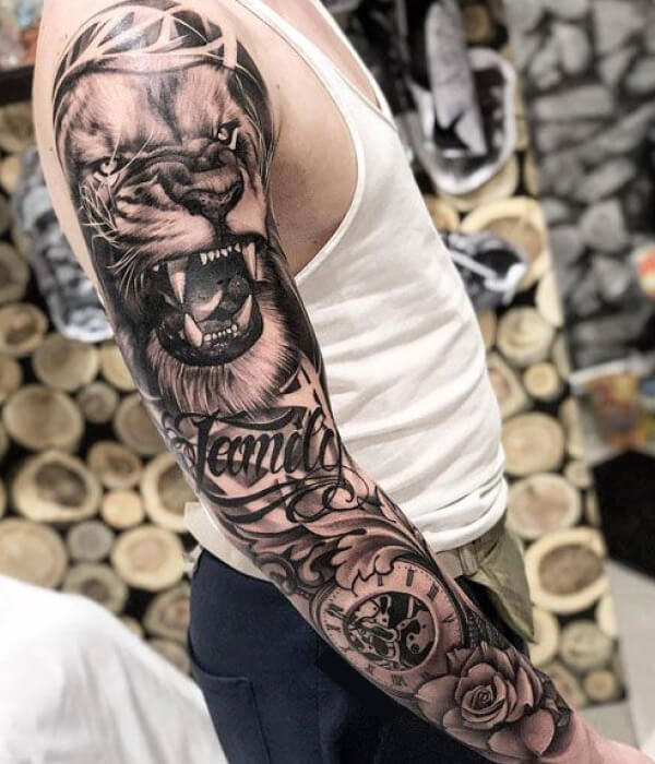 Lion Full Sleeve with name Tattoo
