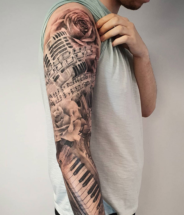 Music Full Sleeve flowers Tattoo