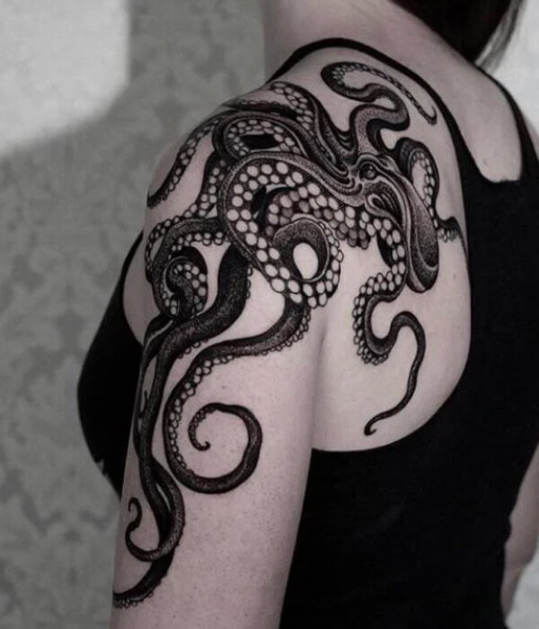 Octopus Black Shoulder Tattoo For Women