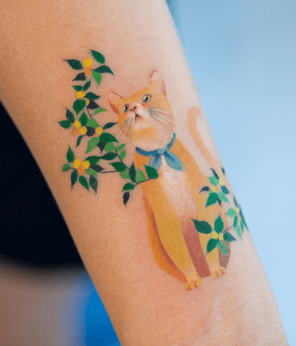 Leaf tattoo with cat design