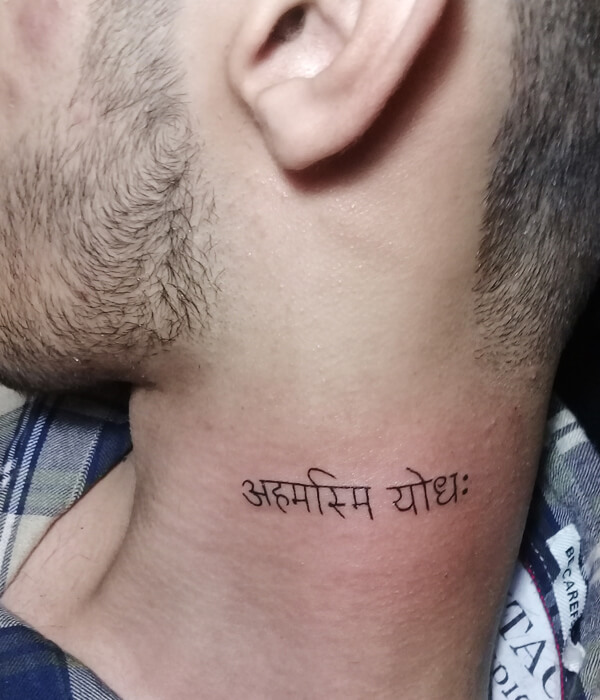 Sanskrit Mantra Neck Tattoo with sanscriti