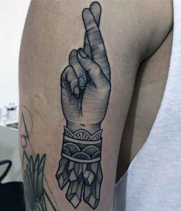 Black and Grey Crossed Finger Tattoo