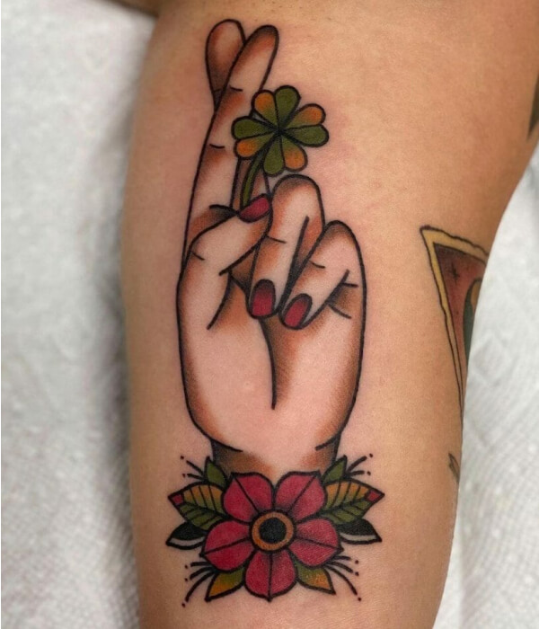 Cross-Finger Tattoo with Flowers ideas