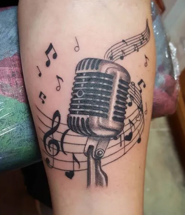 Microphone Tattoo with Music Notes