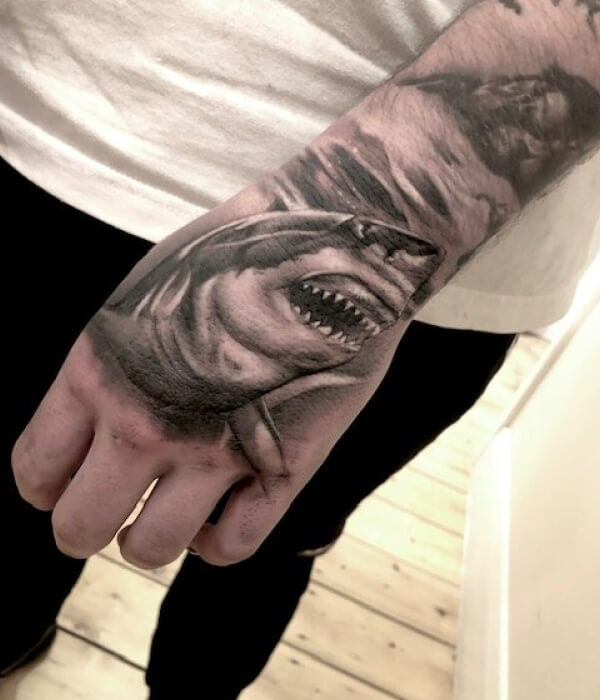 Shark palm tattoo
