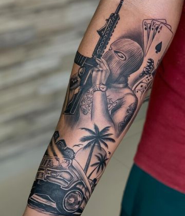 Ski Mask Tattoo with Gun