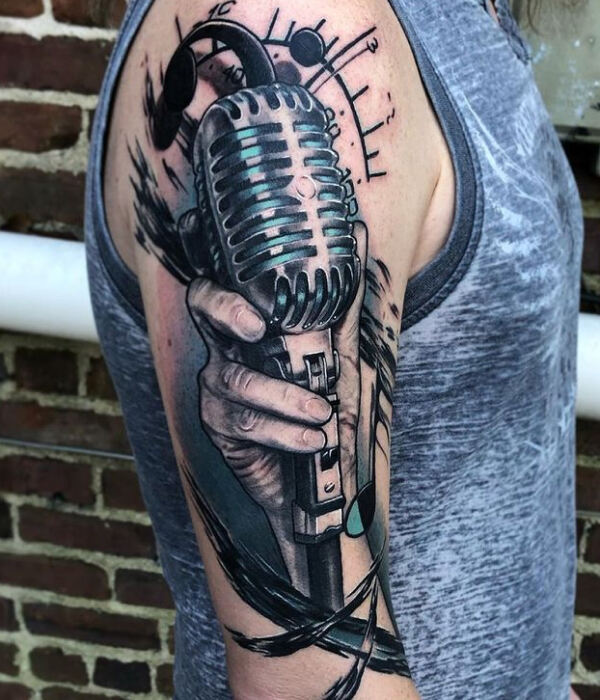 Striking Microphone Tattoo on Arm ideas