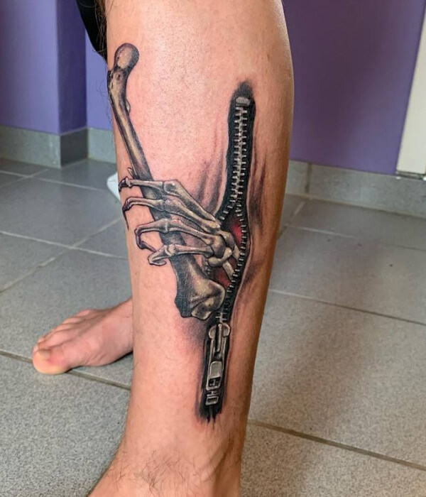 3D Zipper Tattoo With Skeletal Hands