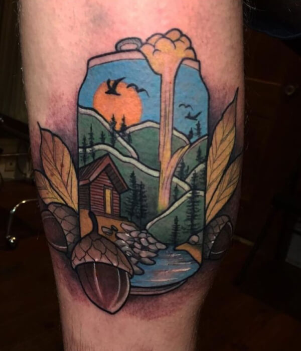 Beer Can With Scenery Tattoo