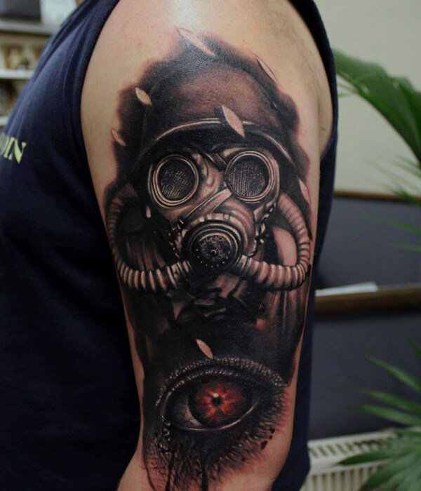 Black And Grey Zombie Gas Mask Tattoo