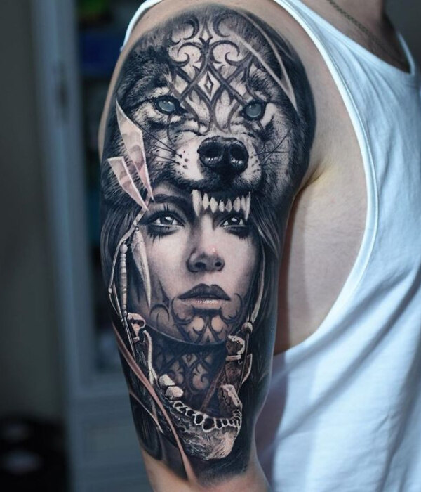 Wolf And Devil Woman Zombie Tattoo