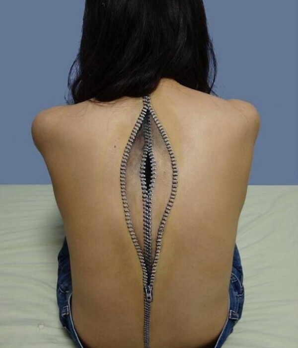 Zipper Tattoo On the Back Of Woman ideas