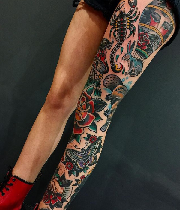 American Traditional Leg Sleeve Tattoo