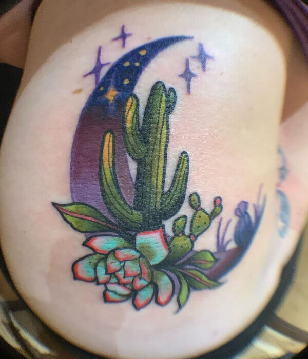 Cactus Tattoo With Moon Design