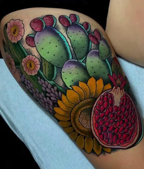 Cactus Tattoo With Sunflower Design