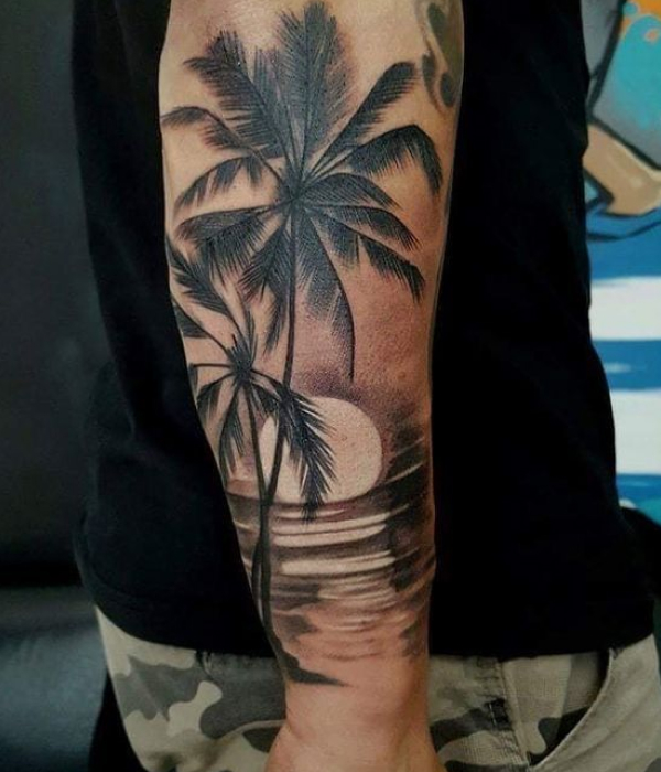 Palm Tree Sunset Tattoo for men