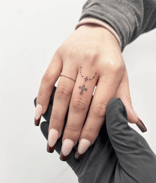 Rosary Tattoo Encircling Middle Finger