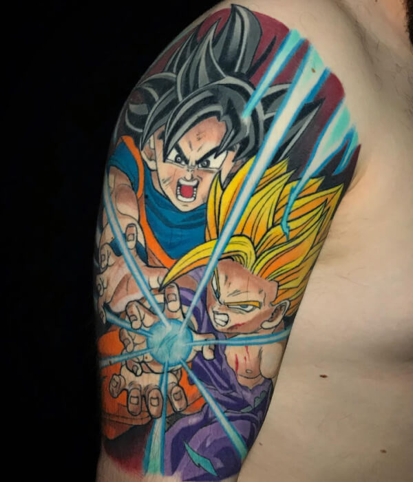 Family Kamehameha Scene Tattoo with Goku, Gohan, and Goten