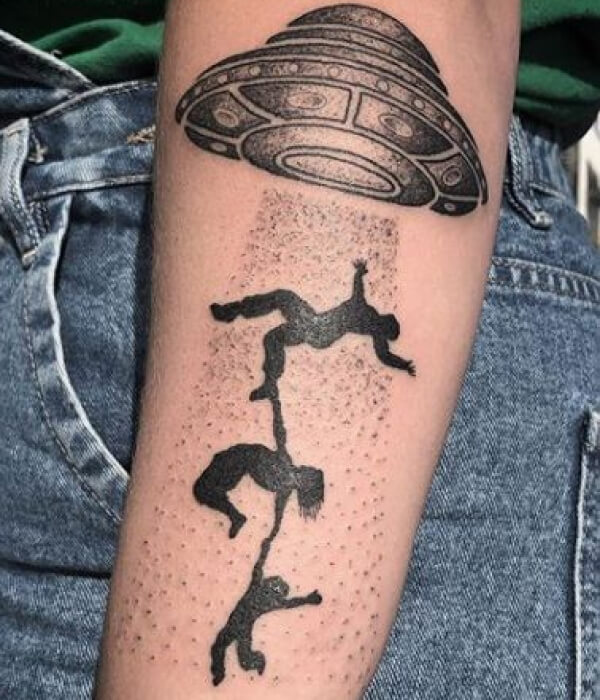Alien Abduction Dotwork Tattoo On Hand