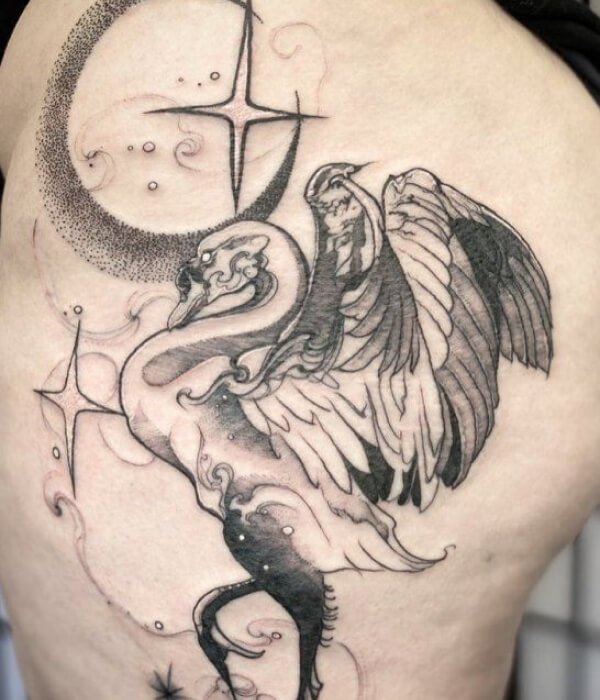 Black Swan and Moon Tattoo On Leg