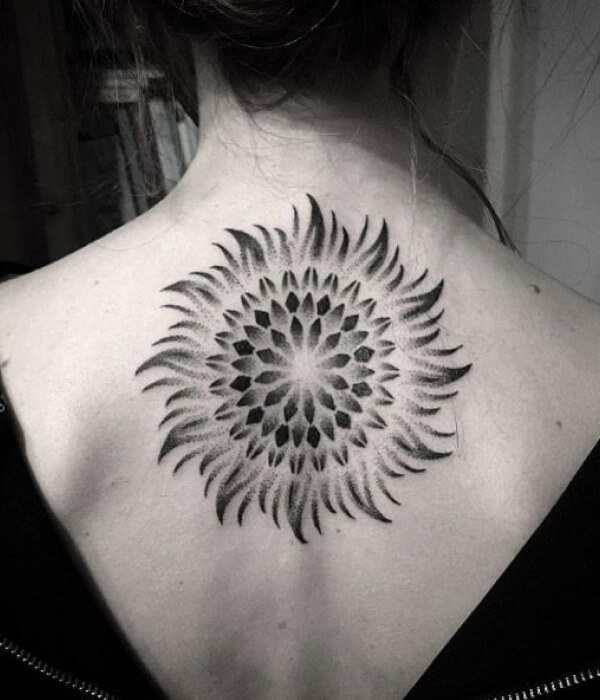 Dotwork Sun Tattoo On The Back