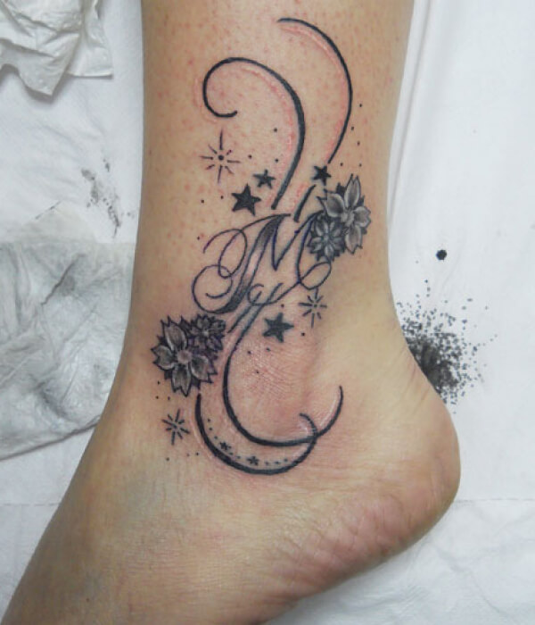 Floral M Letter Tattoo On Ankle