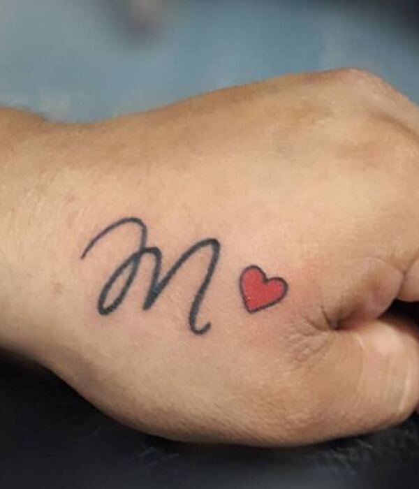 M Letter Heart Tattoo On Hand