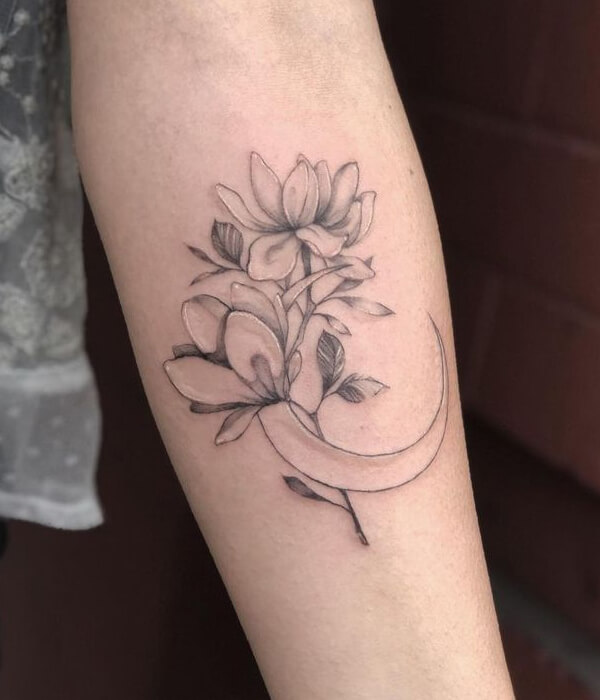 Magnolia Flower and Crescent Moon Tattoo