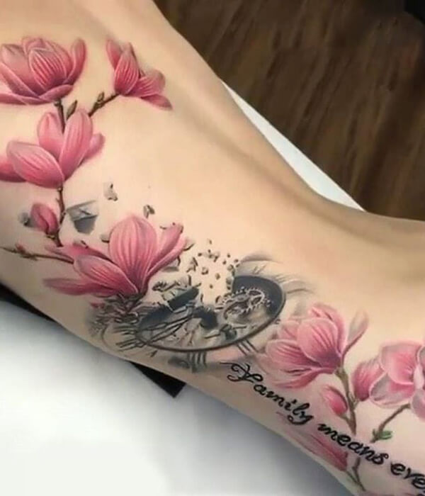 Magnolia Tattoo With Timepiece