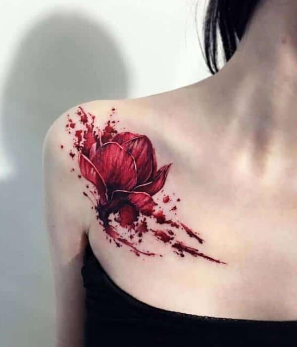 Red and Black Shaded Magnolia Tattoo