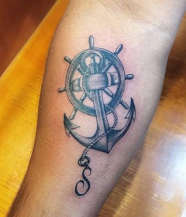 S Letter Tattoo With Anchor And Wheel