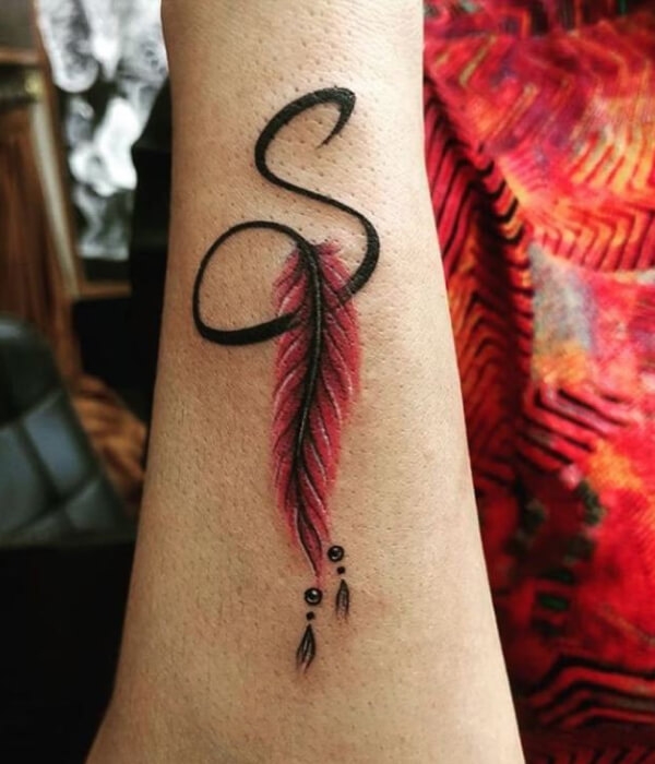 S Letter Tattoo With Feather