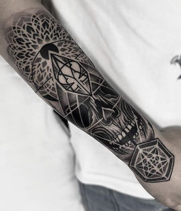 Skull Dotwork Tattoo On The Arm