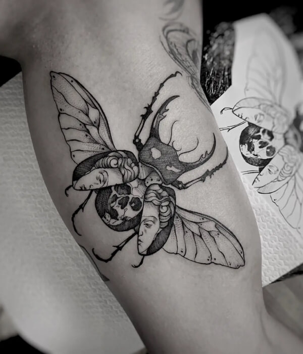 Black and Gray Open-Winged Scarab Beetle Tattoo