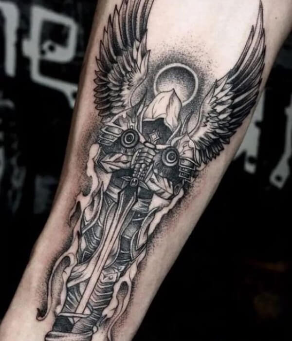 Grey Ink Archangel Warrior Tattoo