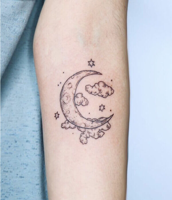 Moon Tattoo With Clouds and Stars