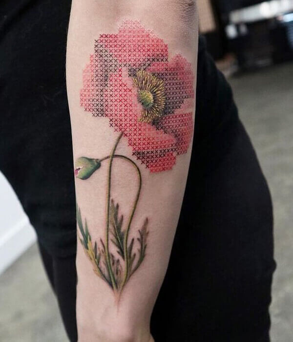Poppy Flower Embroidery Stitch Tattoo