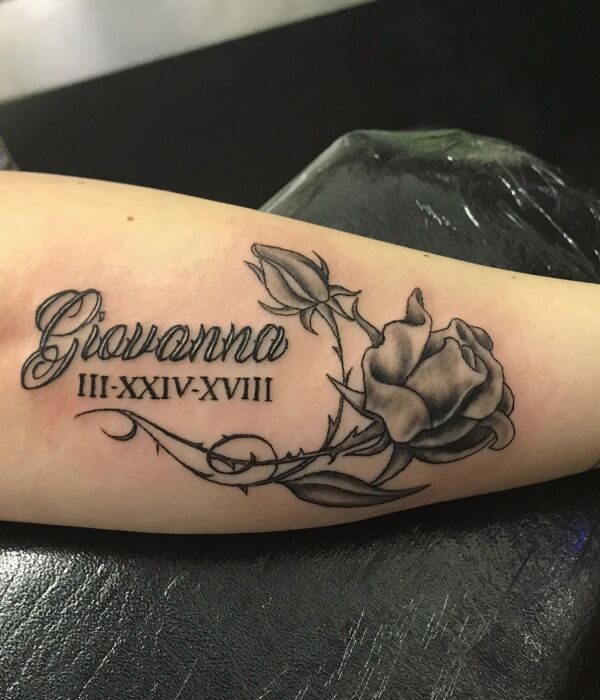 Rose Tattoo With Anniversary Date on Hand