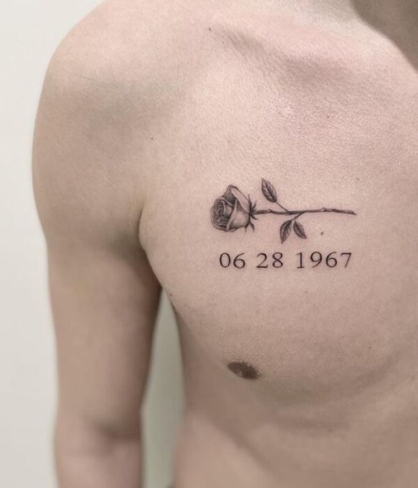 Rose Tattoo With Anniversary Date on Chest