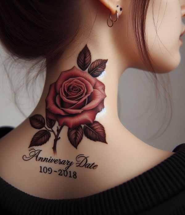 Rose Tattoo With Anniversary Date On Back