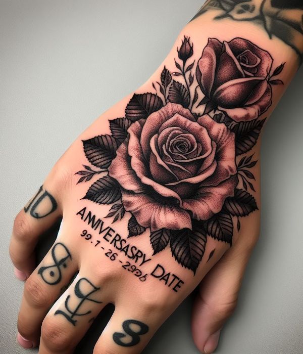 Rose Tattoo With Anniversary Date on Hand