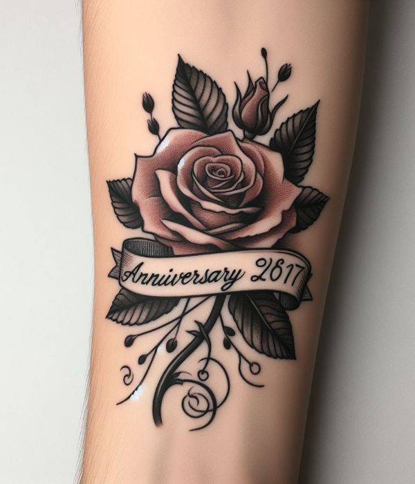 Rose Tattoo With Anniversary Date on sleeve